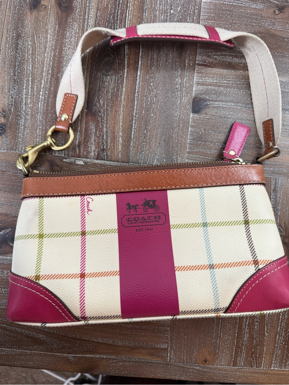 Coach Cream Plaid Canvas bag with matching strap and Pink Leather shoulder Bag